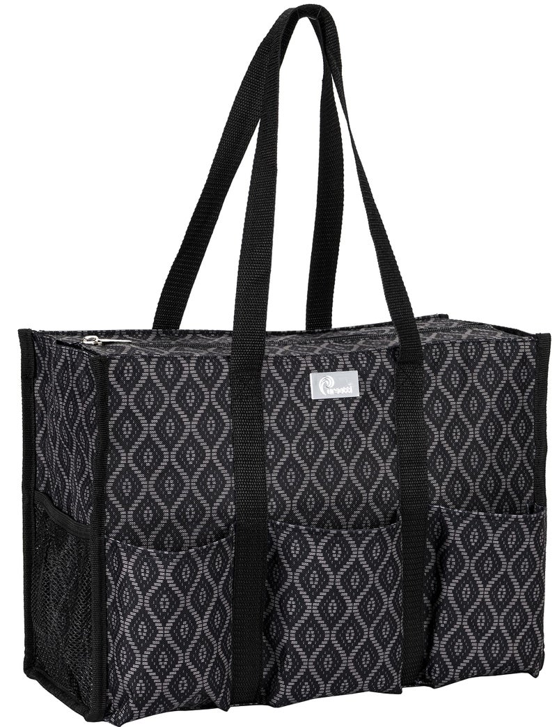 Pursetti Utility Tote with Pockets & Compartments-Perfect Nurse Tote Bag, Teacher Bag, Work Bags for Women & Craft Tote (Black Trellis_Large) - Image 1
